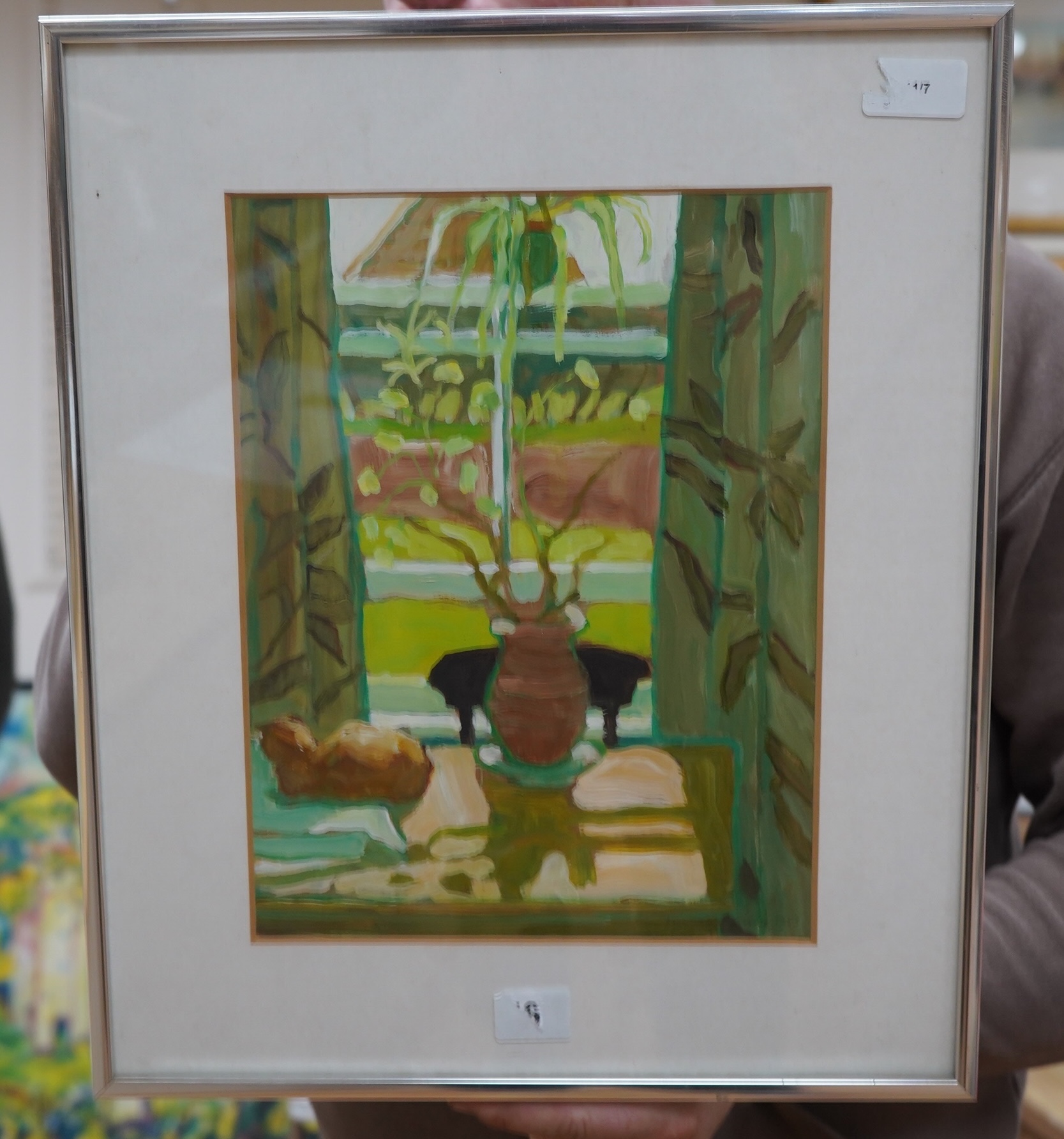 Henrietta Young, oil on paper, 'Cat by the window', signed and dated 1983, 30 x 22cm. Condition - fair to good